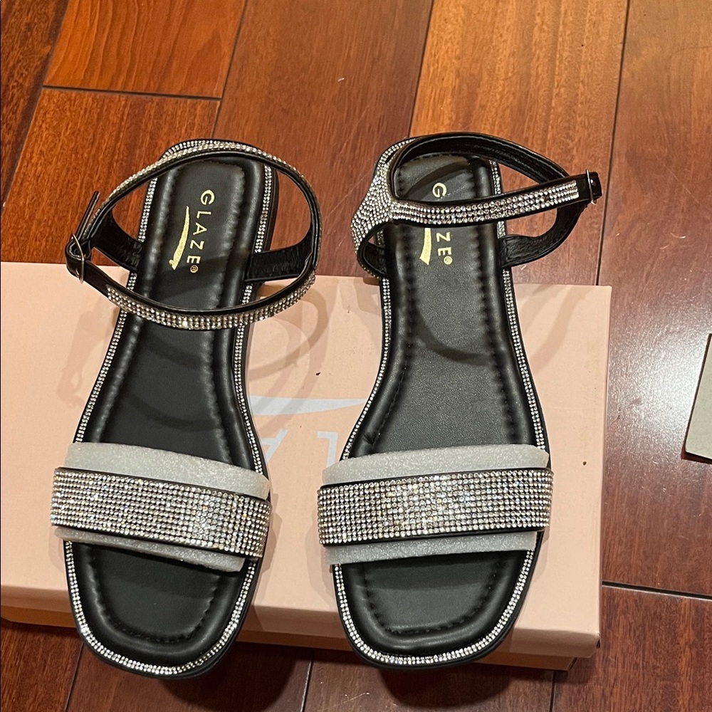 Glaze Women's Black & Silver Rhinestone Ankle-Strap Sandals size 7 new
